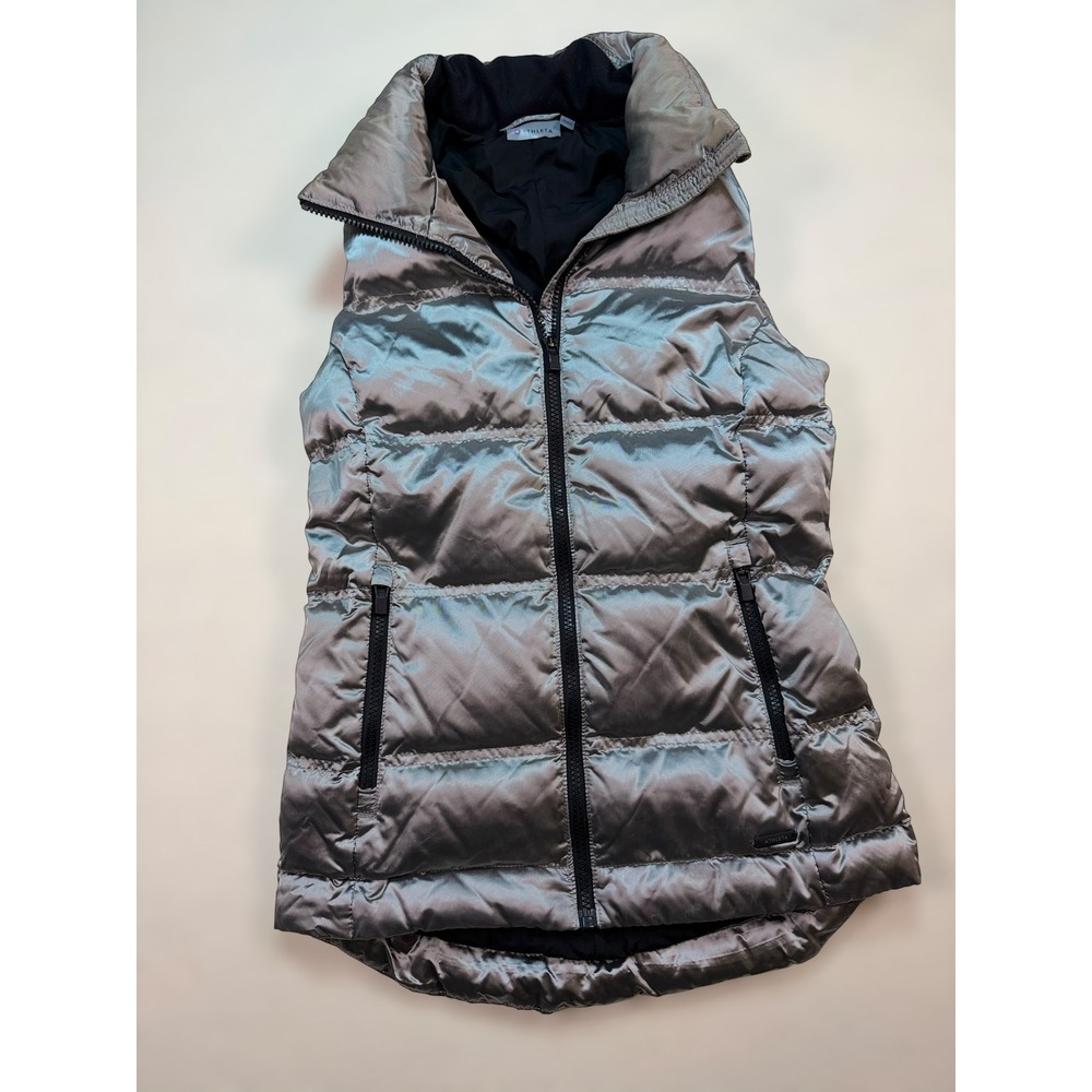 Athleta Metallic Silver Downtown High Neck Puffer Ski Vest Down Filled Sz XXS
